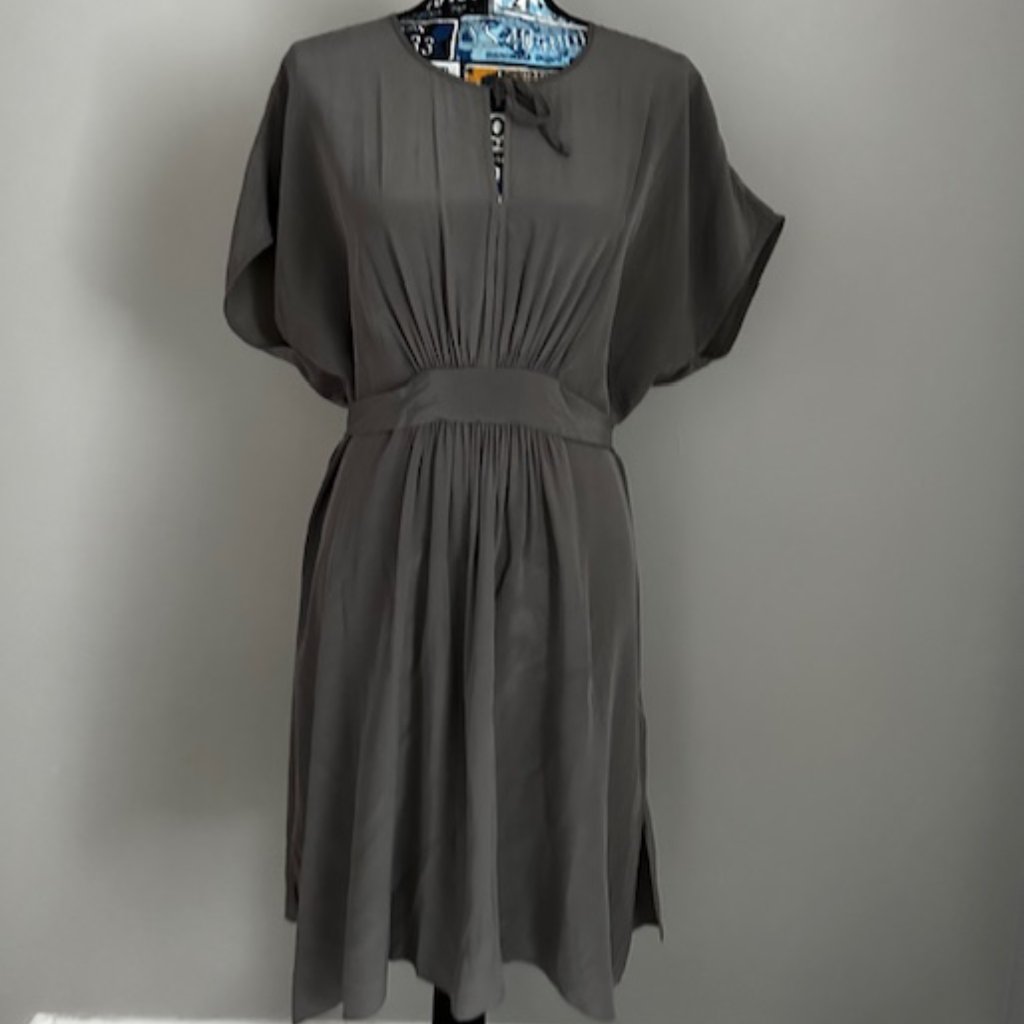 All Saints Grey 100% Silk Short Sleeve Dress With Waist Tie Size Us 8